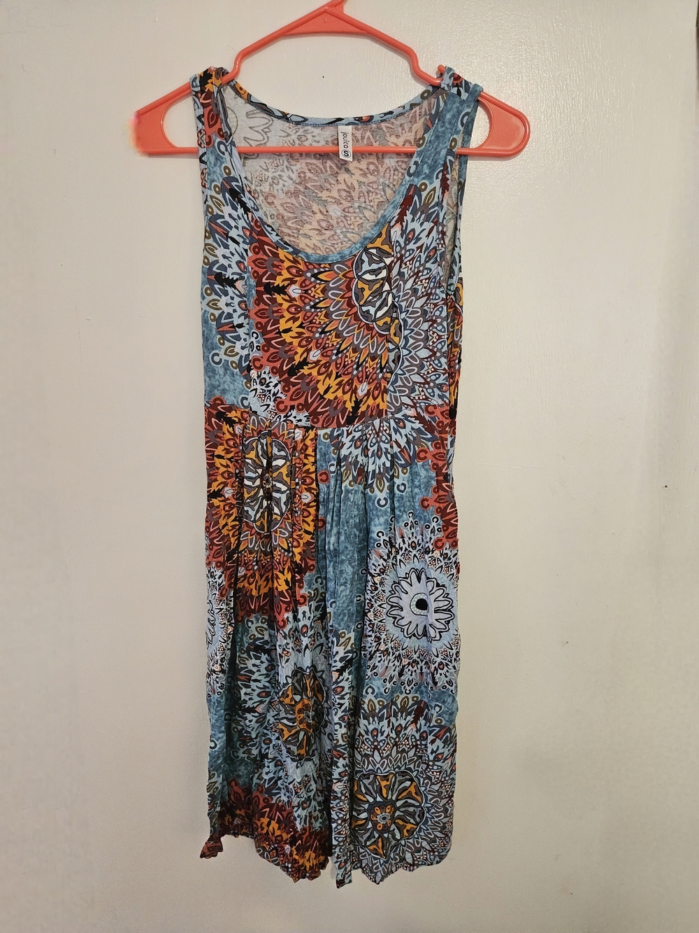 Sleeveless Teal Maxi Dress with Orange Floral Medallions